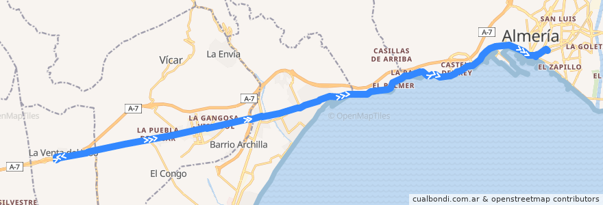 Mapa del recorrido M-301: Venta del Viso → Puebla de Vicar → Hortichuelas → Almería de la línea  en 스페인.