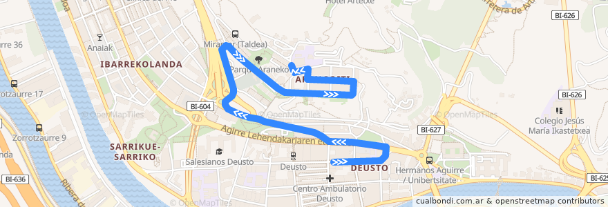 Mapa del recorrido A6 Deustu → Arangoiti de la línea  en 毕尔巴鄂.