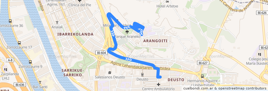 Mapa del recorrido A6 Arangoiti → Deustu de la línea  en 毕尔巴鄂.
