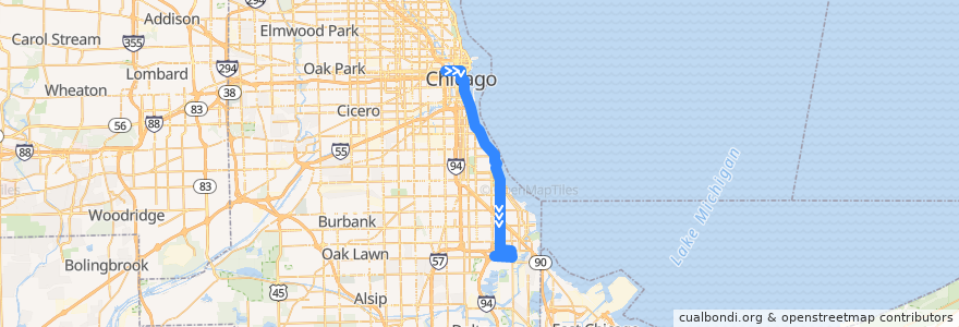 Mapa del recorrido Jeffery Jump de la línea  en شیکاگو.
