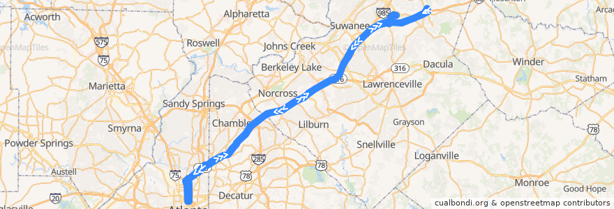 Mapa del recorrido Xpress 411 Hamilton Mill/Mall of Georgia to Midtown de la línea  en Geórgia.