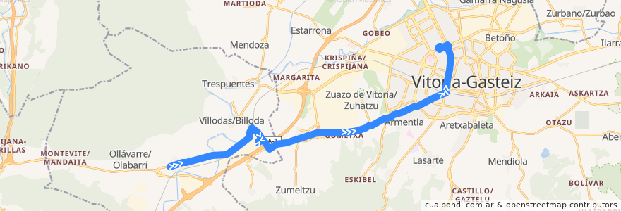 Mapa del recorrido A13 Nanclares de la Oca/Langraiz Oka → Subillabide → Vitoria-Gasteiz de la línea  en Araba/Álava.