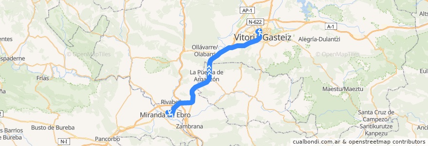 Mapa del recorrido A19 Miranda de Ebro → Vitoria-Gasteiz de la línea  en Алава.