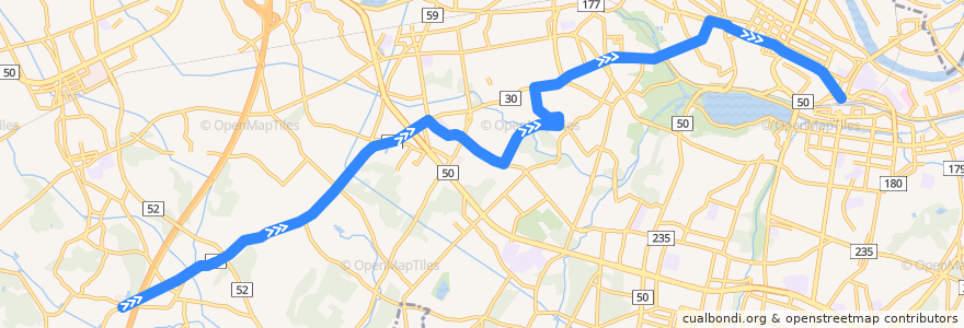 Mapa del recorrido 茨城交通バス①系統 鯉渕営業所⇒桜川車庫・桜川団地⇒水戸駅 de la línea  en Mito.