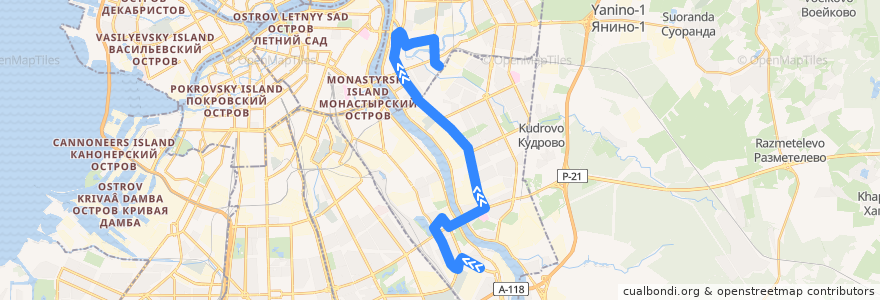 Mapa del recorrido Автобус № 5: улица Грибакиных => ст. м. Ладожская de la línea  en San Pietroburgo.