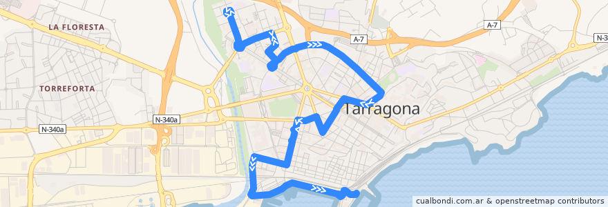 Mapa del recorrido L22 Hospital Joan XXIII - El Serrallo - Port Esportiu de la línea  en تاراگونا.