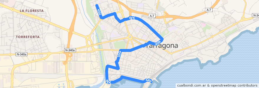 Mapa del recorrido L22 El Serrallo - Port Esportiu - Hospital Joan XXIII de la línea  en تاراگونا.