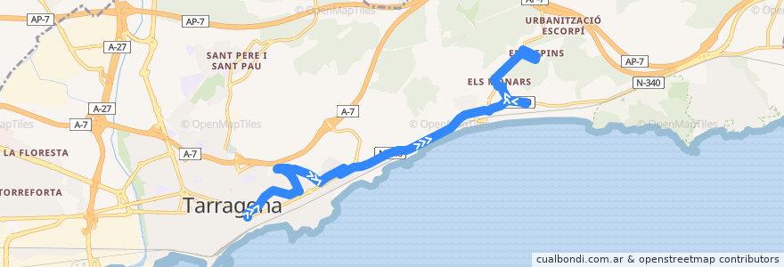 Mapa del recorrido L13 Passeig de les Palmeres - Entrepins de la línea  en Таррагона.
