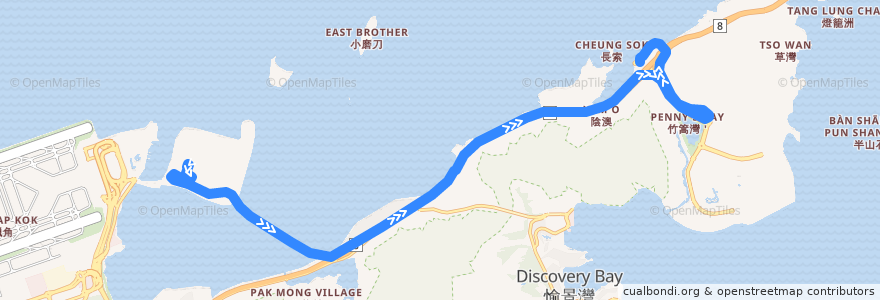 Mapa del recorrido 城巴B5線 Citybus B5 (大橋香港口岸 HZMB HK Port → 欣澳站 Sunny Bay Station) de la línea  en هونغ كونغ.