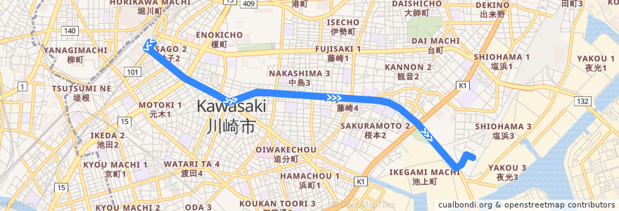 Mapa del recorrido 水江町線 川崎駅 => 塩浜営業所 de la línea  en Kawasaki Ward.
