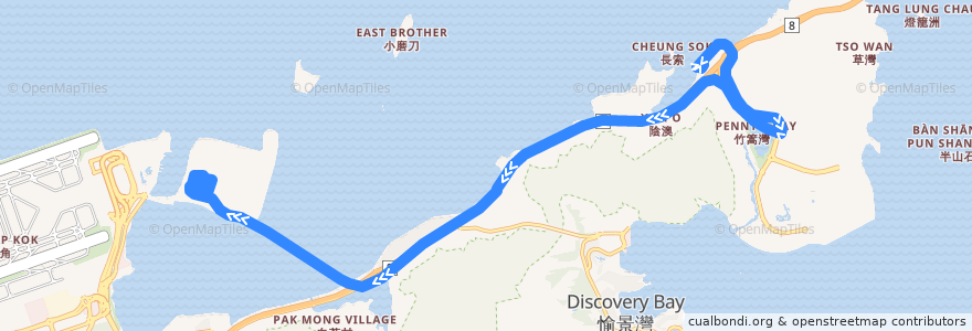 Mapa del recorrido 城巴B5線 Citybus B5 (欣澳站 Sunny Bay Station → 大橋香港口岸 HZMB HK Port) de la línea  en Hong Kong.