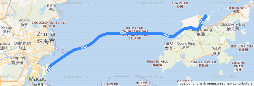 Mapa del recorrido 港珠澳大橋口岸穿梭巴士港澳線 Hong Kong - Zhuhai - Macao Bridge Port Shuttle Bus Hong Kong - Macao Line Ponte Hong Kong-Zhuhai-Macau autocarro de ligação dos postos fronteiriços linha Hong Kong - Macau de la línea  en 广东省.