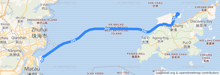 Mapa del recorrido 港珠澳大橋口岸穿梭巴士港澳線 Hong Kong - Zhuhai - Macao Bridge Port Shuttle Bus Hong Kong - Macao Line Ponte Hong Kong-Zhuhai-Macau autocarro de ligação dos postos fronteiriços linha Hong Kong - Macau de la línea  en 广东省.