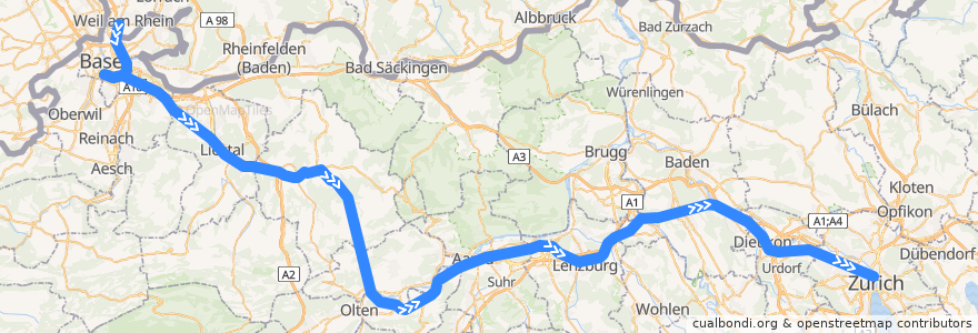 Mapa del recorrido EC 9: Hamburg => Zürich de la línea  en 瑞士.