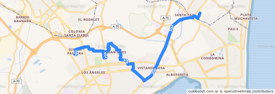 Mapa del recorrido 11H: Divina Pastora ⇒ Virgen del Remedio ⇒ Hospital de Sant Joan de la línea  en أليكانتي.