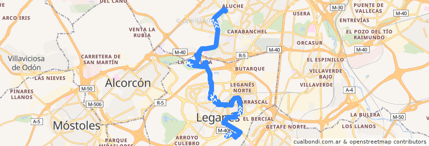 Mapa del recorrido 483 Leganés (Vereda de los Estudiantes) - Madrid (Aluche) de la línea  en Communauté de Madrid.