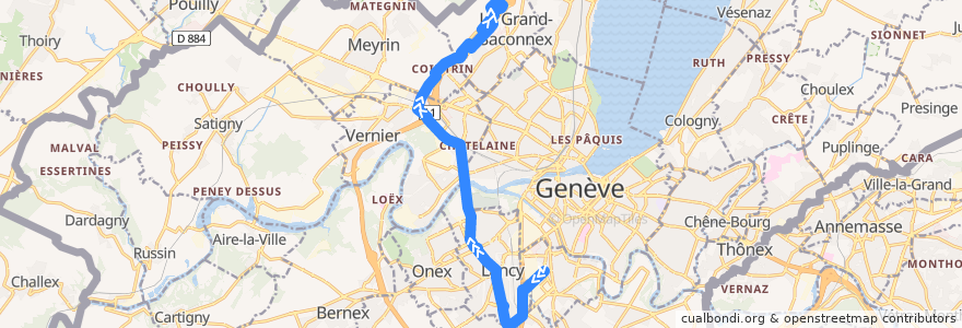 Mapa del recorrido Bus 23 (TOSA): Carouge-Tours → Aéroport-P47 de la línea  en Genebra.