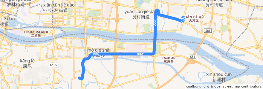 Mapa del recorrido 763路(车陂总站-大塘总站) de la línea  en Guangzhou.