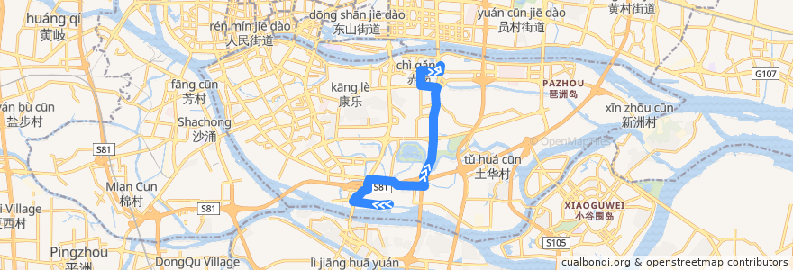 Mapa del recorrido 765路[沥滘大埗头总站-阅江路(珠江啤酒厂)总站] de la línea  en 海珠区.