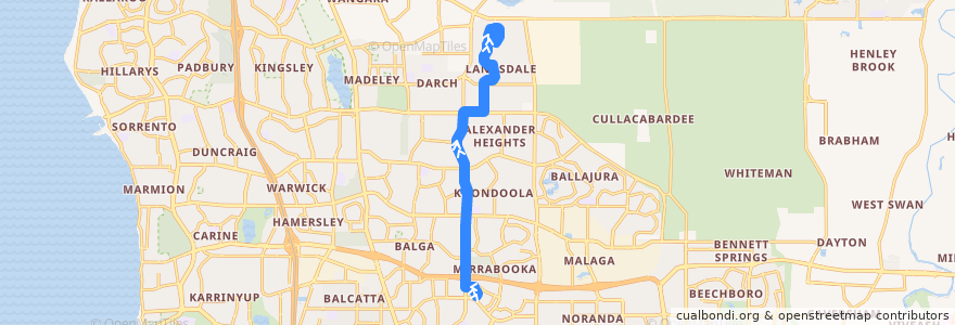Mapa del recorrido 376FL Mirrabooka Bus Station → Landsdale de la línea  en Austrália Ocidental.