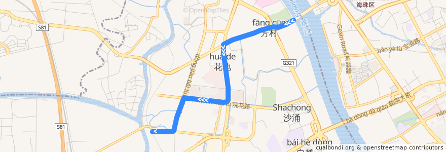 Mapa del recorrido 782路[芳村码头(信义路)总站-江北路总站] de la línea  en 荔湾区.