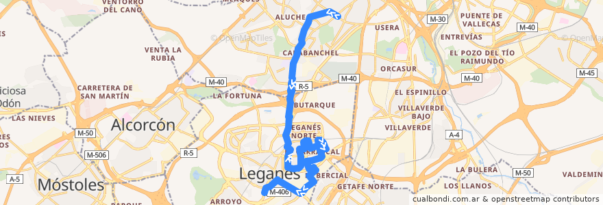 Mapa del recorrido Bus 481: Madrid (Oporto) - Leganés (Hospital) de la línea  en Autonome Gemeinschaft Madrid.