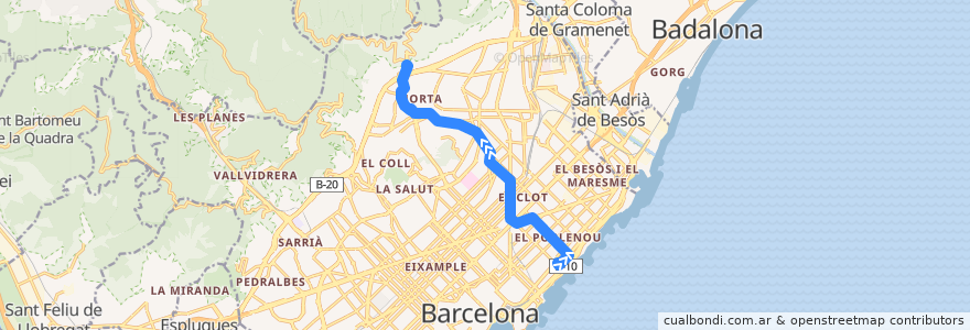 Mapa del recorrido V25 Nova Icària => Horta de la línea  en Barcelona.