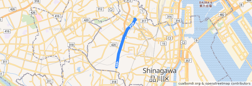 Mapa del recorrido 五反田線【東急バス反０１系統＜＃Ｂ往路＞荏原営業所⇒五反田駅 de la línea  en 品川区.
