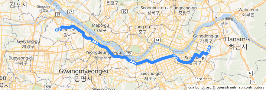 Mapa del recorrido 서울 지하철 9호선 급행: 김포공항 → 중앙보훈병원 de la línea  en 서울특별시.