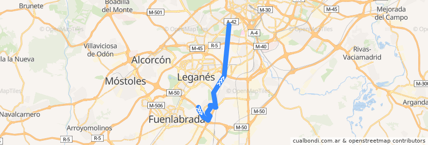 Mapa del recorrido Bus 444: Getafe (Sector III - Islas Canarias) - Madrid (Plaza Elíptica) de la línea  en Comunidad de Madrid.