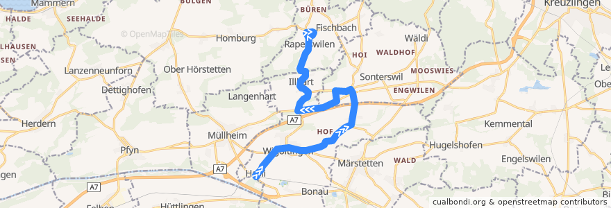 Mapa del recorrido Bus 832: Müllheim-Wigoltingen, Bahnhof => Raperswilen, Schulhaus de la línea  en Thurgau.