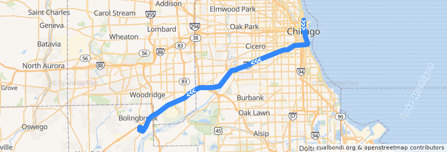 Mapa del recorrido South Bolingbrook - East Loop Express (Westbound) de la línea  en イリノイ州.