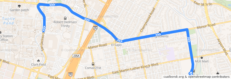Mapa del recorrido Capital Metro 465 MLK/University of Texas (eastbound) de la línea  en أوستن.