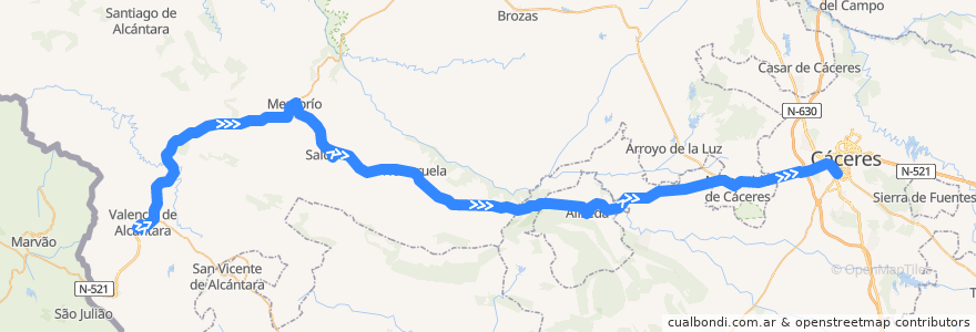 Mapa del recorrido Norbabus JEV-008-1: Valencia de Alcantára => Cáceres de la línea  en قصرش.