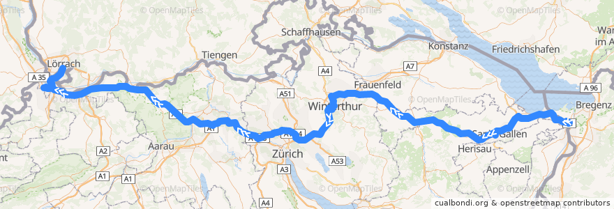 Mapa del recorrido Flixbus 206: München ZOB => Lörrach, Hbf. (Busbahnhof) de la línea  en Suisse.