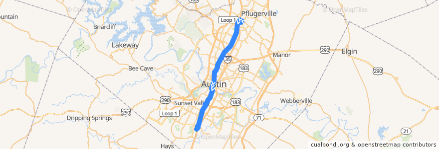Mapa del recorrido Capital Metro 801 North Lamar/South Congress (southbound) de la línea  en 奥斯汀 / 柯士甸.