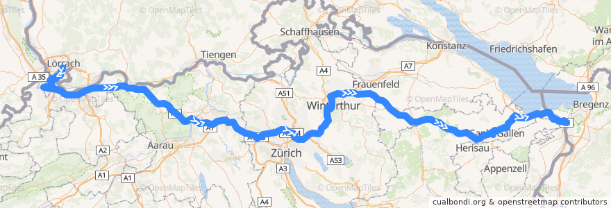 Mapa del recorrido Flixbus 206: Lörrach, Hbf. (Busbf.) => München ZOB de la línea  en Suisse.