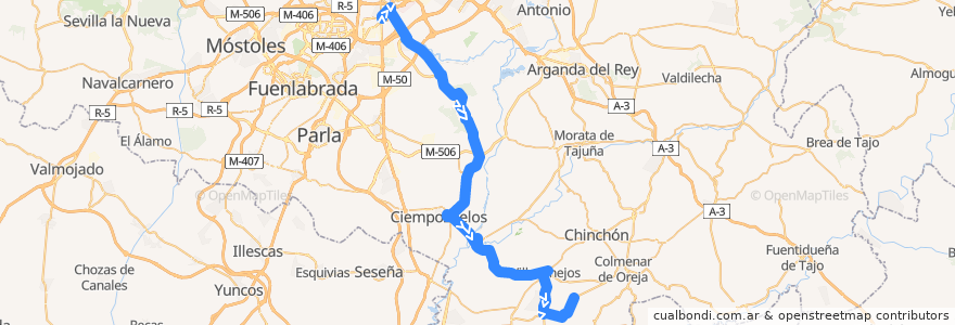 Mapa del recorrido Bus 415: Madrid - San Martín de la Vega - Villaconejos - Urb. Vallejeros de la línea  en Comunidad de Madrid.