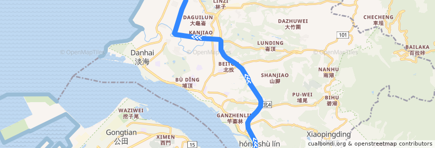 Mapa del recorrido 淡海輕軌 紅樹林-崁頂 (上行) de la línea  en Tamsui.