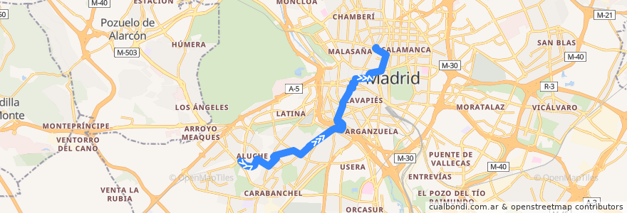 Mapa del recorrido Bus N26: Aluche - Alonso Martínez de la línea  en Madrid.