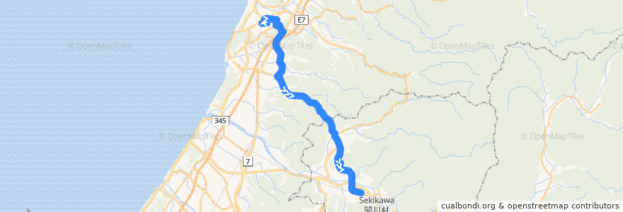 Mapa del recorrido 下関-女川-村上 線 de la línea  en 新潟県.