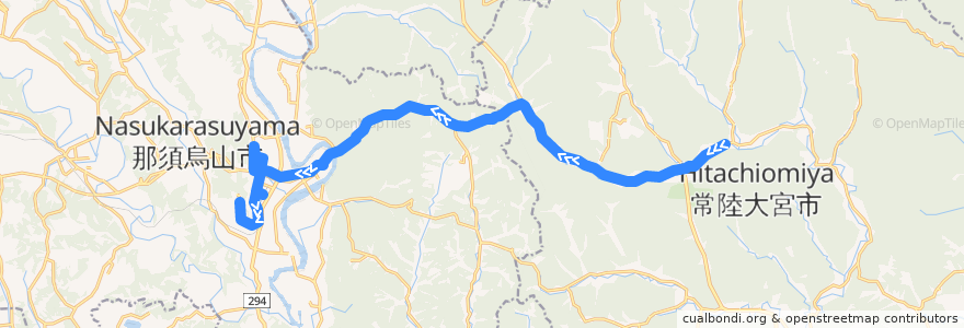 Mapa del recorrido 那須烏山市営バス烏山高部線 高部車庫⇒那須南病院⇒烏山駅・烏山中学校 de la línea  en 日本.