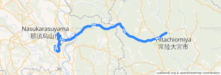 Mapa del recorrido 那須烏山市営バス烏山高部線 烏山中学校・烏山駅⇒那須南病院⇒高部車庫 de la línea  en 日本.