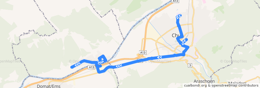 Mapa del recorrido 1: Lachen - Felsberg de la línea  en Grisons.