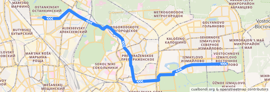 Mapa del recorrido Трамвай 11: 16-я Парковая улица => Останкино de la línea  en Moscou.
