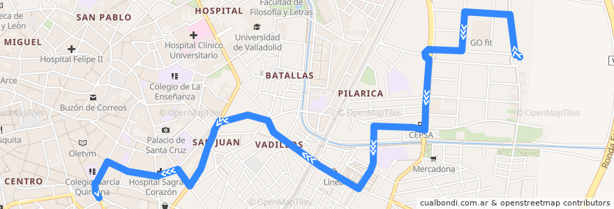 Mapa del recorrido Bus 33: Los Santos Pilarica => Plaza España de la línea  en Вальядолид.