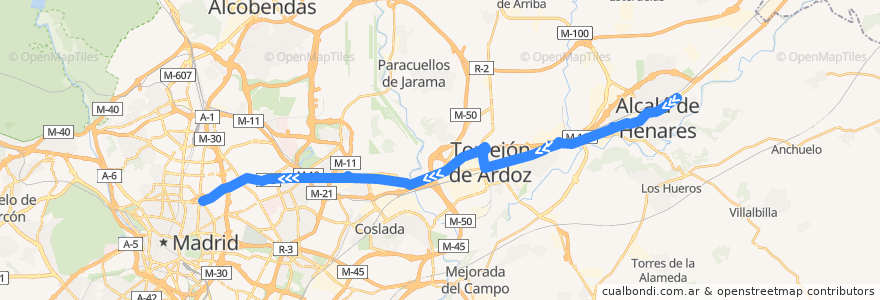 Mapa del recorrido Bus 223: Alcalá de Henares → Torrejón de Ardoz → Madrid (Avenida de América) de la línea  en Comunidad de Madrid.