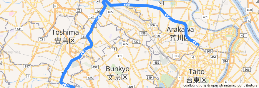 Mapa del recorrido 都電荒川線 de la línea  en 東京都.