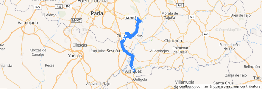 Mapa del recorrido 410: Aranjuez - San Martín de la Vega de la línea  en Communauté de Madrid.