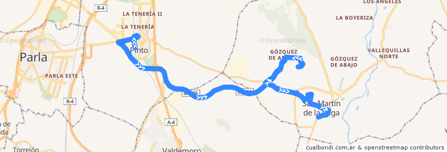 Mapa del recorrido 413 Pinto - San Martín de la Vega (por parque de Ocio) de la línea  en منطقة مدريد.